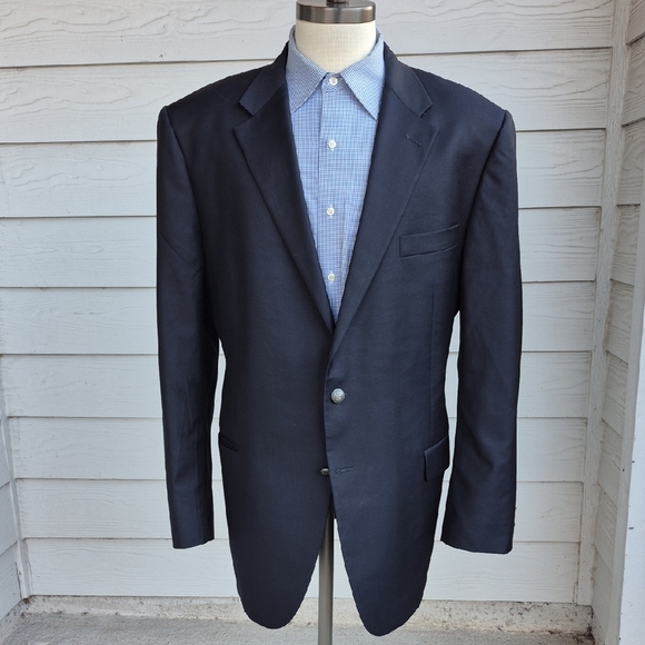 HICKEY FREEMAN Lindsey Traveler Solid Dark Navy Worsted Wool Sz 46 L Sport Coat